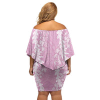 Puakenikeni and Maile Lei Family Matching Off Shoulder Short Dress and Hawaiian Shirt Pink Double Strand Lei LT9 - Polynesian Pride