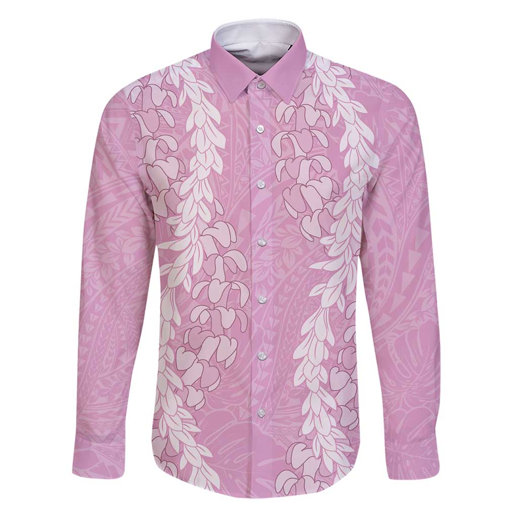 Puakenikeni and Maile Lei Family Matching Puletasi and Hawaiian Shirt Pink Double Strand Lei LT9 Dad's Shirt - Long Sleeve Pink - Polynesian Pride