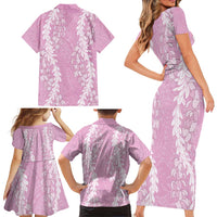 Puakenikeni and Maile Lei Family Matching Short Sleeve Bodycon Dress and Hawaiian Shirt Pink Double Strand Lei LT9 - Polynesian Pride