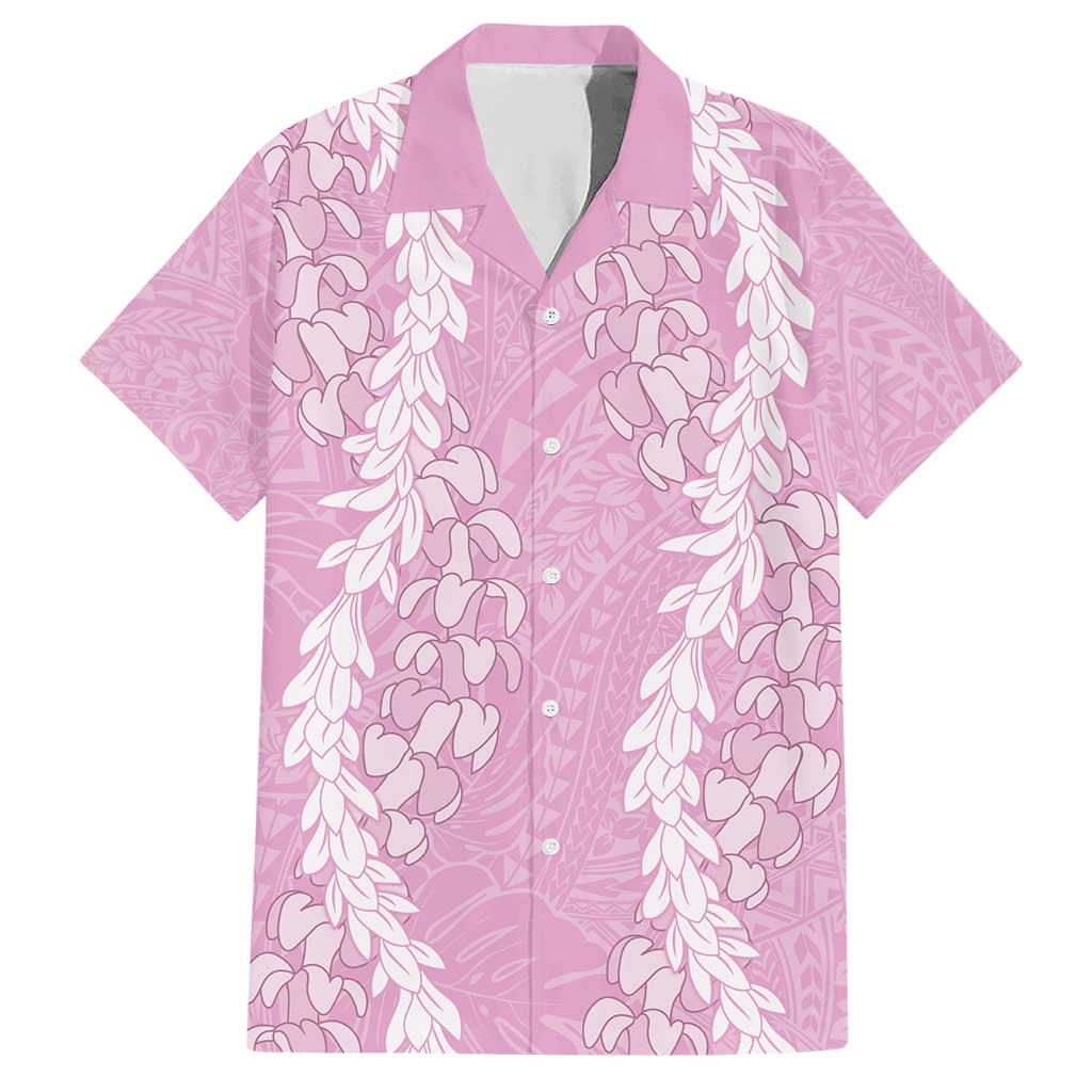 Puakenikeni and Maile Lei Family Matching Short Sleeve Bodycon Dress and Hawaiian Shirt Pink Double Strand Lei LT9 Dad's Shirt - Short Sleeve Pink - Polynesian Pride