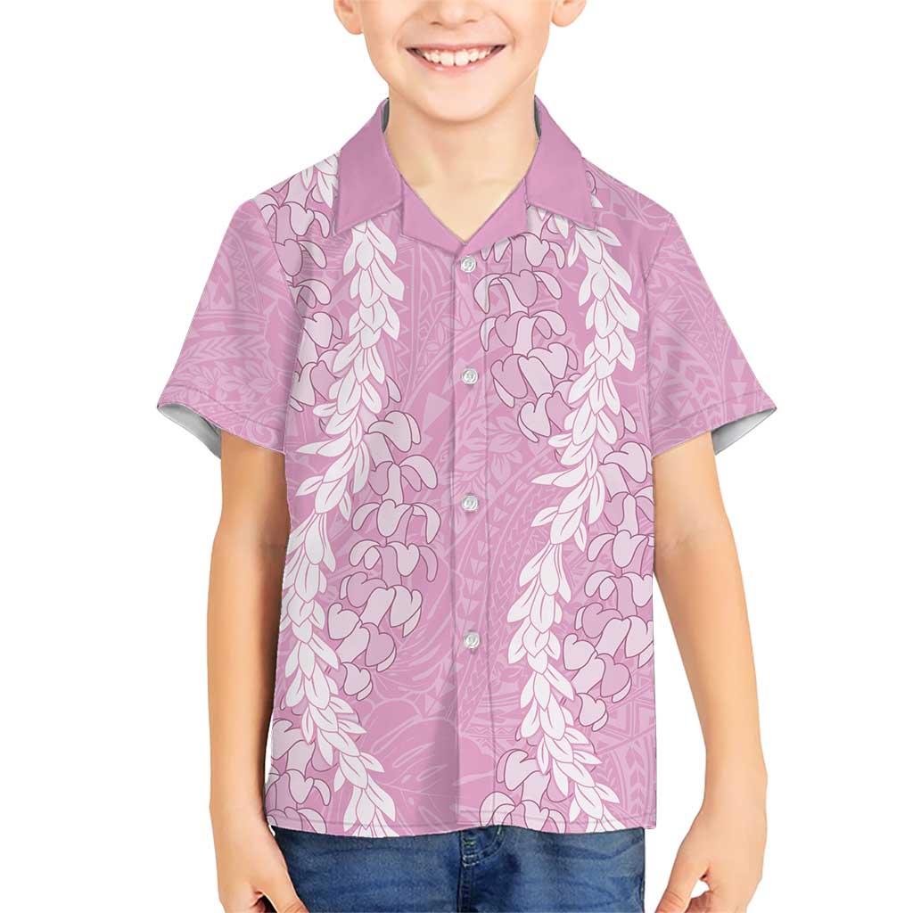 Puakenikeni and Maile Lei Family Matching Short Sleeve Bodycon Dress and Hawaiian Shirt Pink Double Strand Lei LT9 Son's Shirt Pink - Polynesian Pride