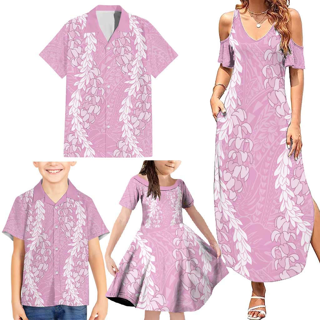 Puakenikeni and Maile Lei Family Matching Summer Maxi Dress and Hawaiian Shirt Pink Double Strand Lei LT9 - Polynesian Pride