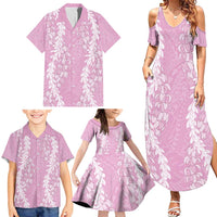 Puakenikeni and Maile Lei Family Matching Summer Maxi Dress and Hawaiian Shirt Pink Double Strand Lei LT9 - Polynesian Pride