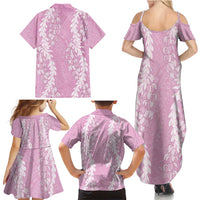 Puakenikeni and Maile Lei Family Matching Summer Maxi Dress and Hawaiian Shirt Pink Double Strand Lei LT9 - Polynesian Pride