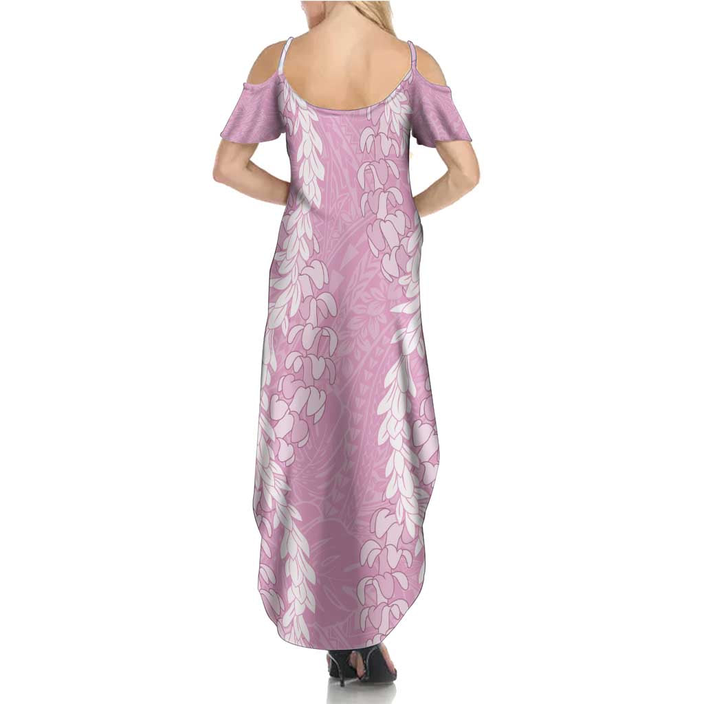 Puakenikeni and Maile Lei Family Matching Summer Maxi Dress and Hawaiian Shirt Pink Double Strand Lei LT9 - Polynesian Pride