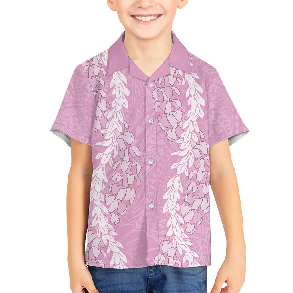 Puakenikeni and Maile Lei Family Matching Summer Maxi Dress and Hawaiian Shirt Pink Double Strand Lei LT9 Son's Shirt Pink - Polynesian Pride