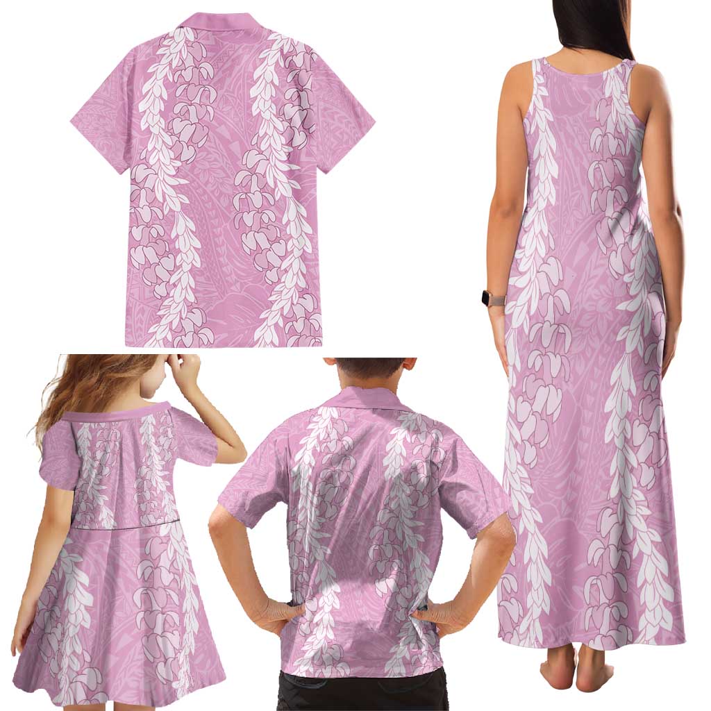Puakenikeni and Maile Lei Family Matching Tank Maxi Dress and Hawaiian Shirt Pink Double Strand Lei LT9 - Polynesian Pride