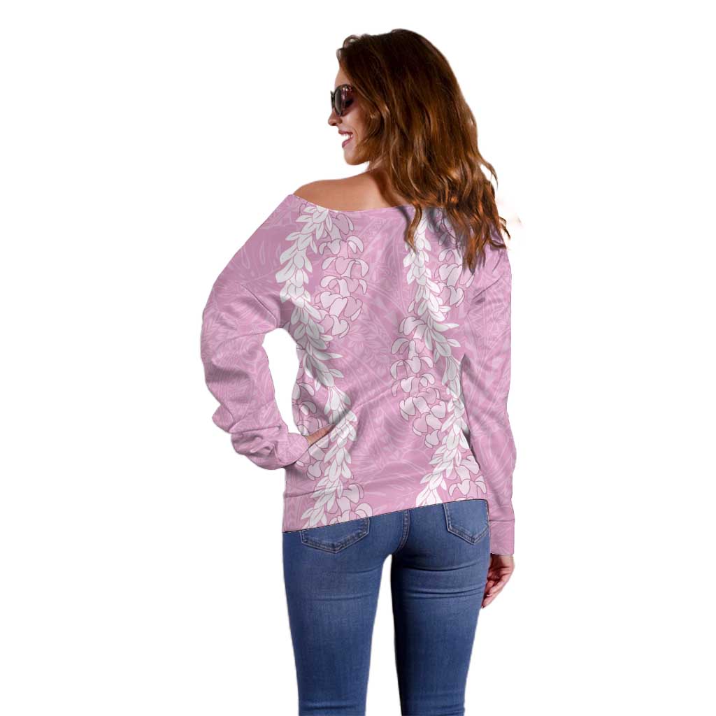Puakenikeni and Maile Lei Off Shoulder Sweater Pink Double Strand Lei