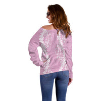 Puakenikeni and Maile Lei Off Shoulder Sweater Pink Double Strand Lei