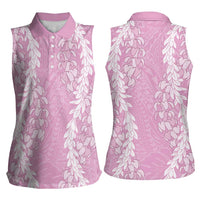 Puakenikeni and Maile Lei Women Sleeveless Polo Shirt Pink Double Strand Lei LT9 - Polynesian Pride