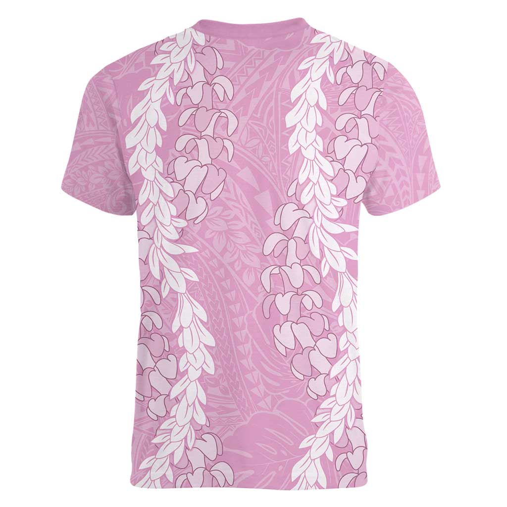Puakenikeni and Maile Lei Women V-Neck T-Shirt Pink Double Strand Lei LT9 - Polynesian Pride