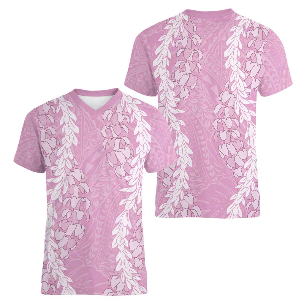 Puakenikeni and Maile Lei Women V-Neck T-Shirt Pink Double Strand Lei LT9 - Polynesian Pride