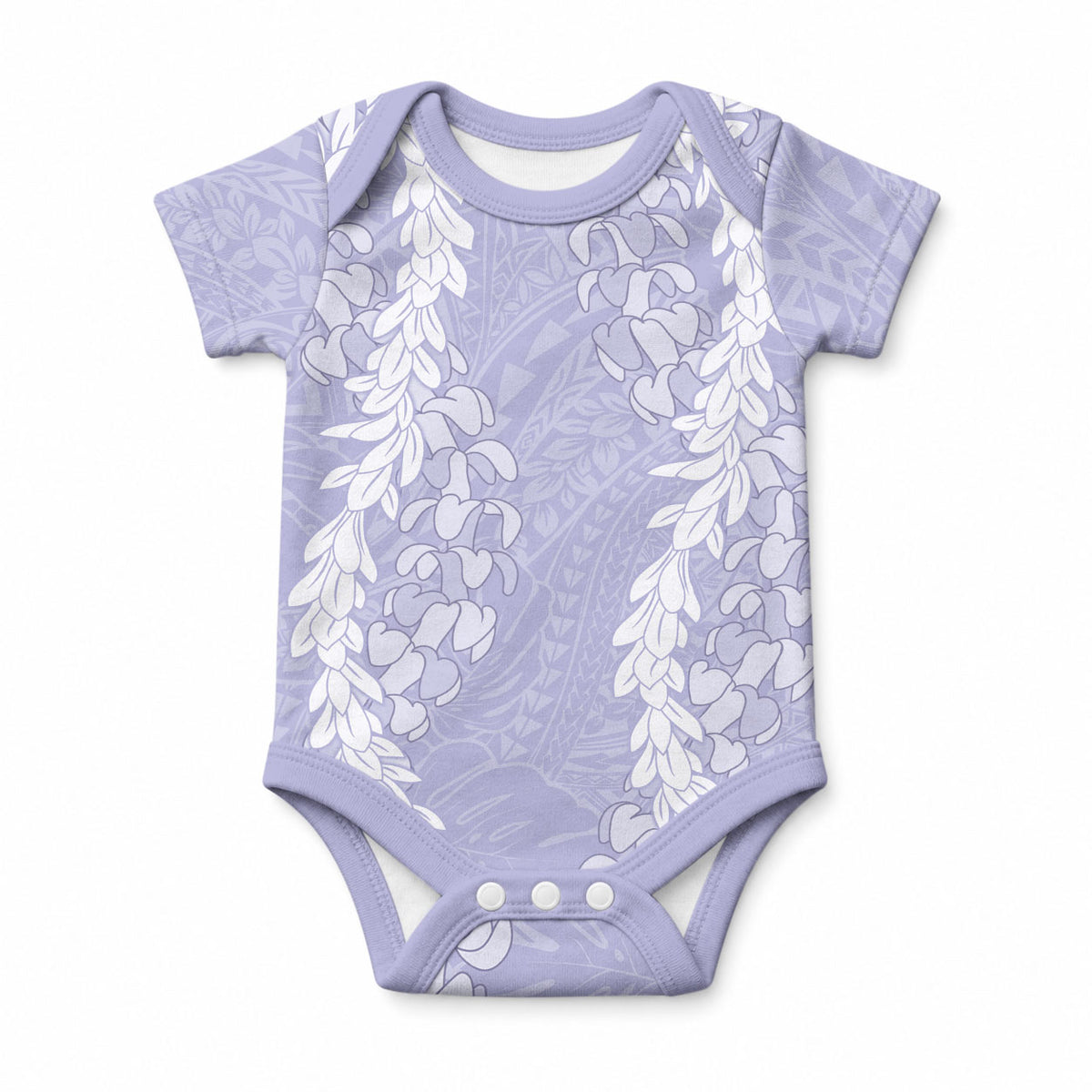 Puakenikeni and Maile Lei Baby Onesie Purple Double Strand Lei