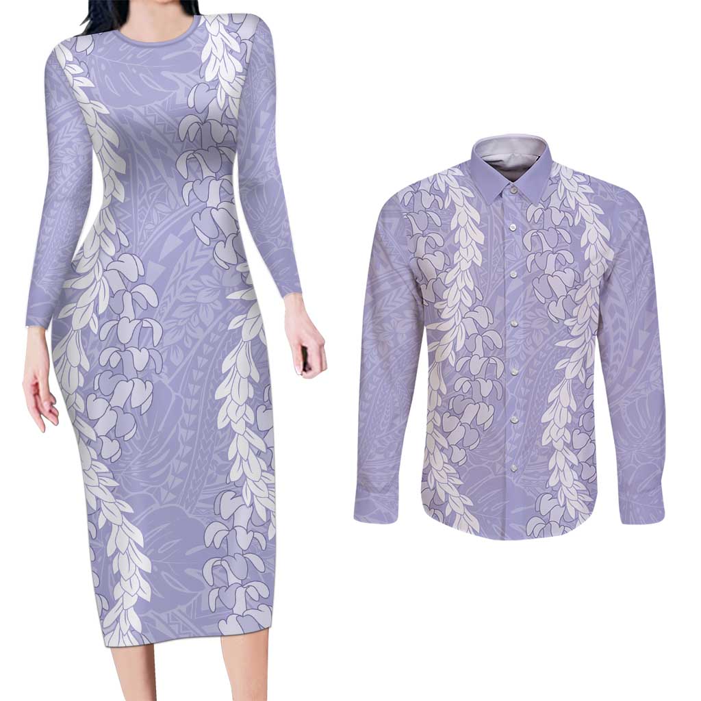 Puakenikeni and Maile Lei Couples Matching Long Sleeve Bodycon Dress and Long Sleeve Button Shirt Purple Double Strand Lei