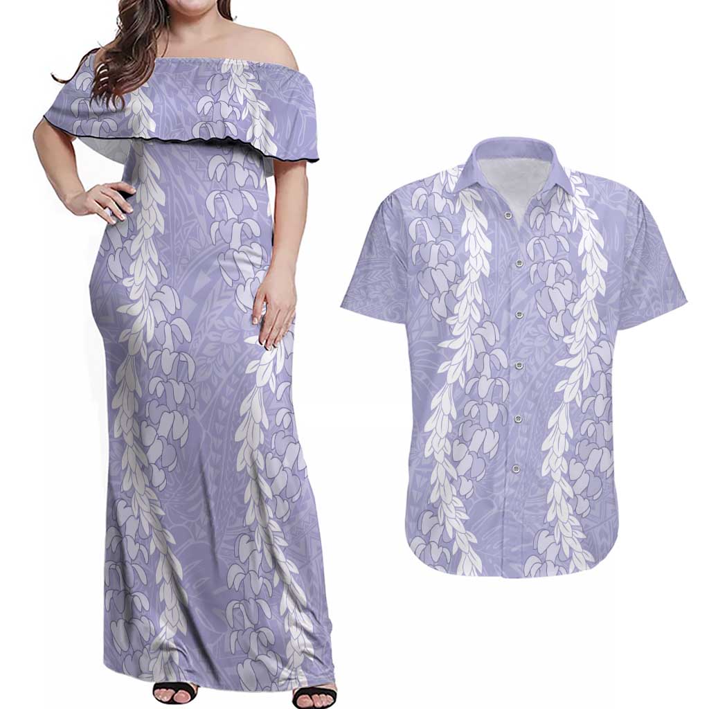 Puakenikeni and Maile Lei Couples Matching Off Shoulder Maxi Dress and Hawaiian Shirt Purple Double Strand Lei LT9 Purple - Polynesian Pride