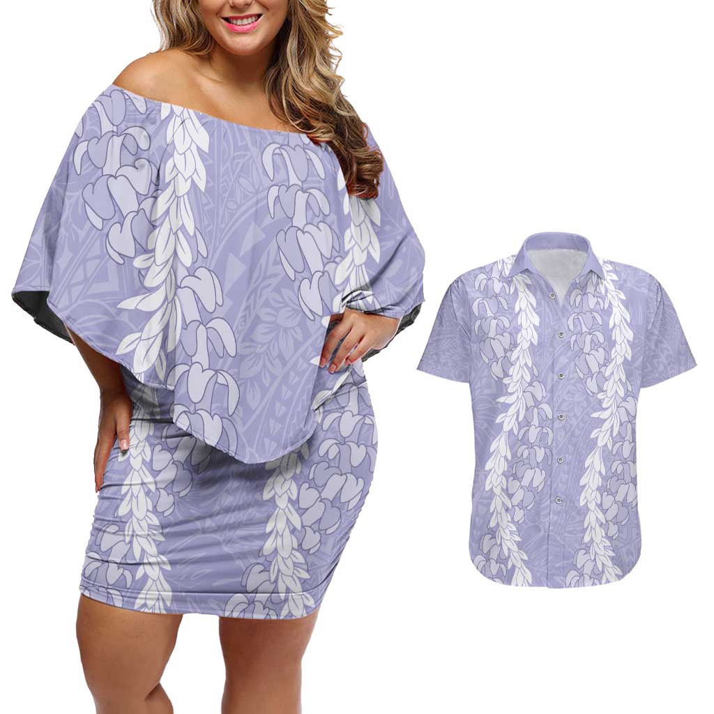 Puakenikeni and Maile Lei Couples Matching Off Shoulder Short Dress and Hawaiian Shirt Purple Double Strand Lei LT9 Purple - Polynesian Pride