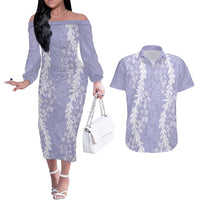 Puakenikeni and Maile Lei Couples Matching Off The Shoulder Long Sleeve Dress and Hawaiian Shirt Purple Double Strand Lei LT9 Purple - Polynesian Pride