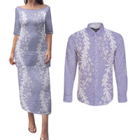 Puakenikeni and Maile Lei Couples Matching Puletasi and Long Sleeve Button Shirt Purple Double Strand Lei LT9 Purple - Polynesian Pride