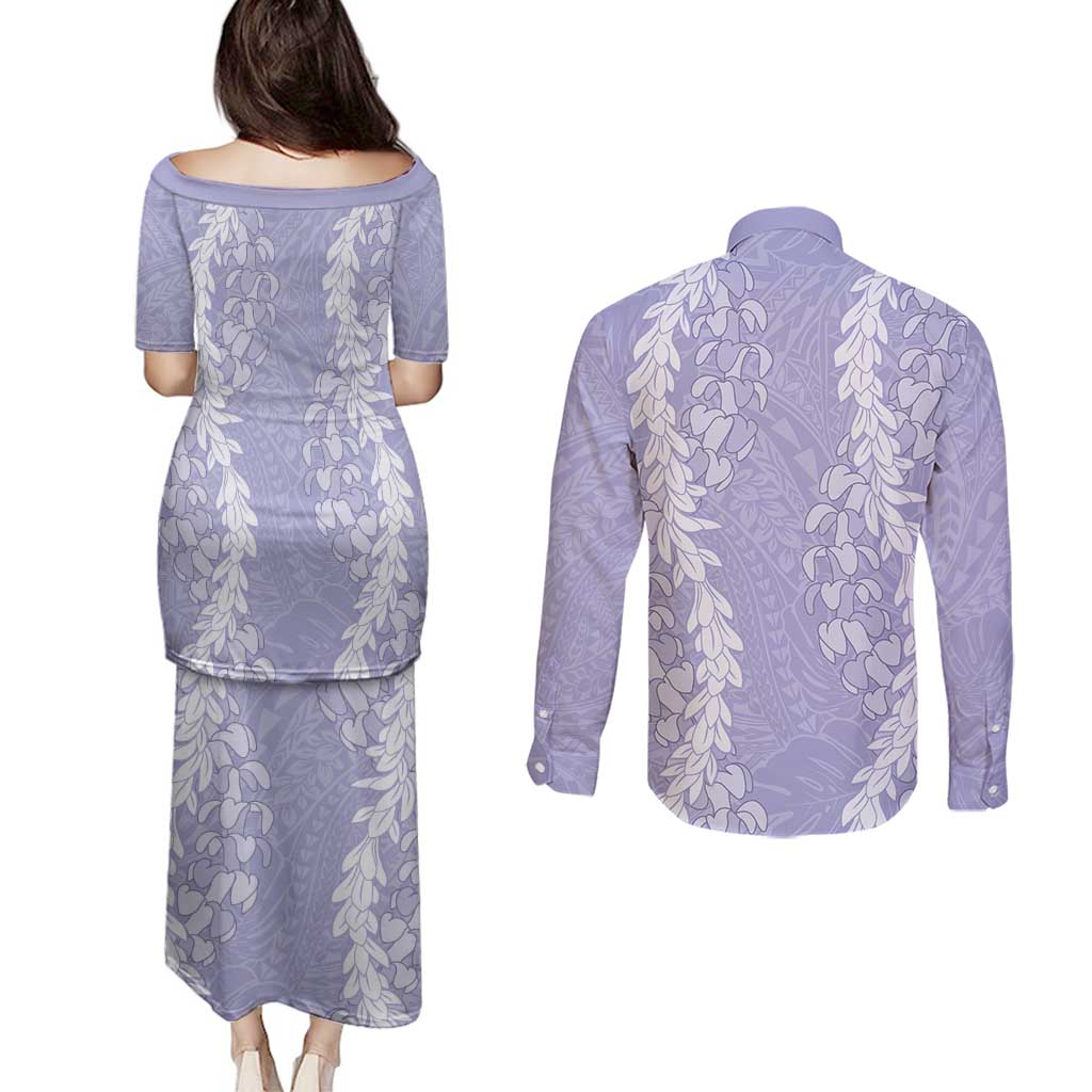 Puakenikeni and Maile Lei Couples Matching Puletasi and Long Sleeve Button Shirt Purple Double Strand Lei LT9 - Polynesian Pride