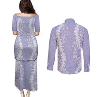 Puakenikeni and Maile Lei Couples Matching Puletasi and Long Sleeve Button Shirt Purple Double Strand Lei LT9 - Polynesian Pride