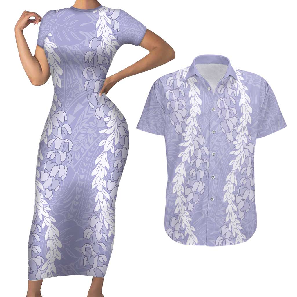 Puakenikeni and Maile Lei Couples Matching Short Sleeve Bodycon Dress and Hawaiian Shirt Purple Double Strand Lei LT9 Purple - Polynesian Pride