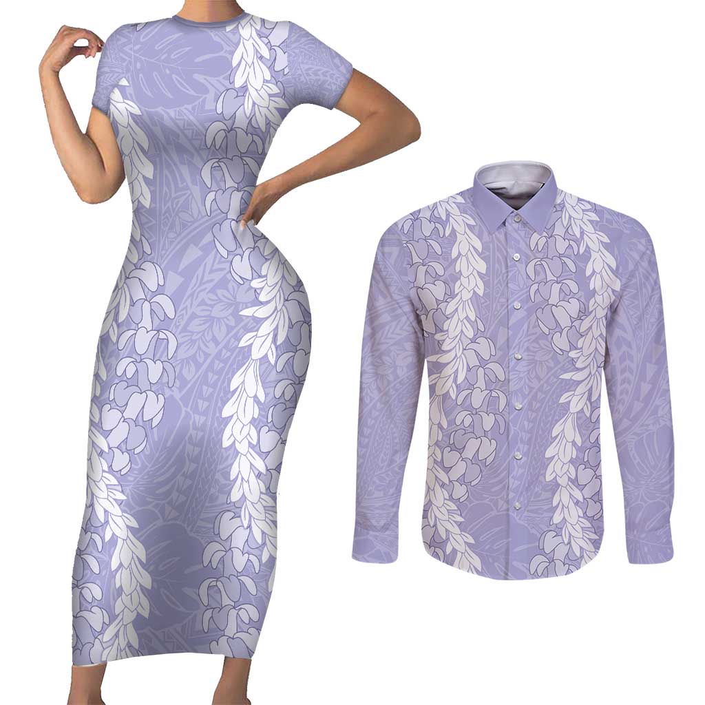 Puakenikeni and Maile Lei Couples Matching Short Sleeve Bodycon Dress and Long Sleeve Button Shirt Purple Double Strand Lei LT9 Purple - Polynesian Pride