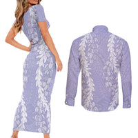 Puakenikeni and Maile Lei Couples Matching Short Sleeve Bodycon Dress and Long Sleeve Button Shirt Purple Double Strand Lei LT9 - Polynesian Pride
