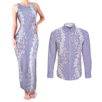 Puakenikeni and Maile Lei Couples Matching Tank Maxi Dress and Long Sleeve Button Shirt Purple Double Strand Lei LT9 Purple - Polynesian Pride
