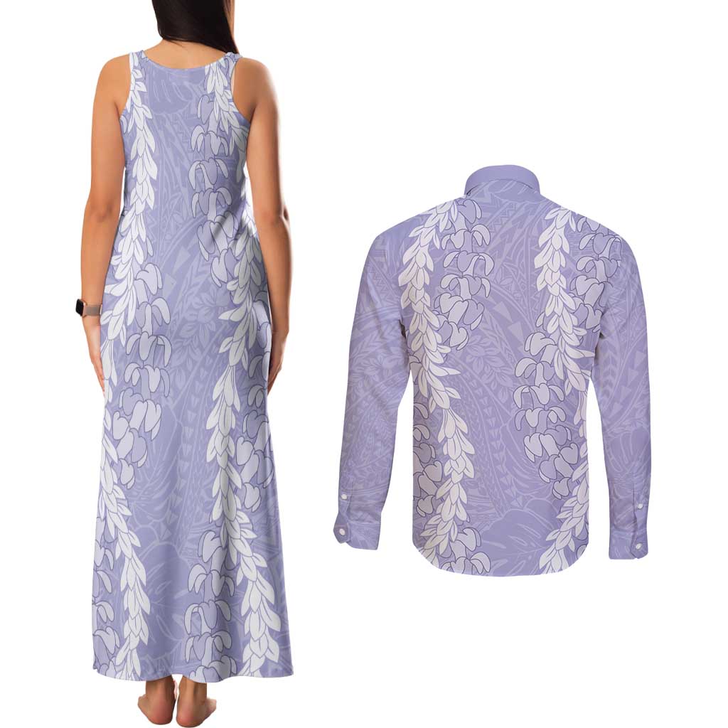 Puakenikeni and Maile Lei Couples Matching Tank Maxi Dress and Long Sleeve Button Shirt Purple Double Strand Lei LT9 - Polynesian Pride