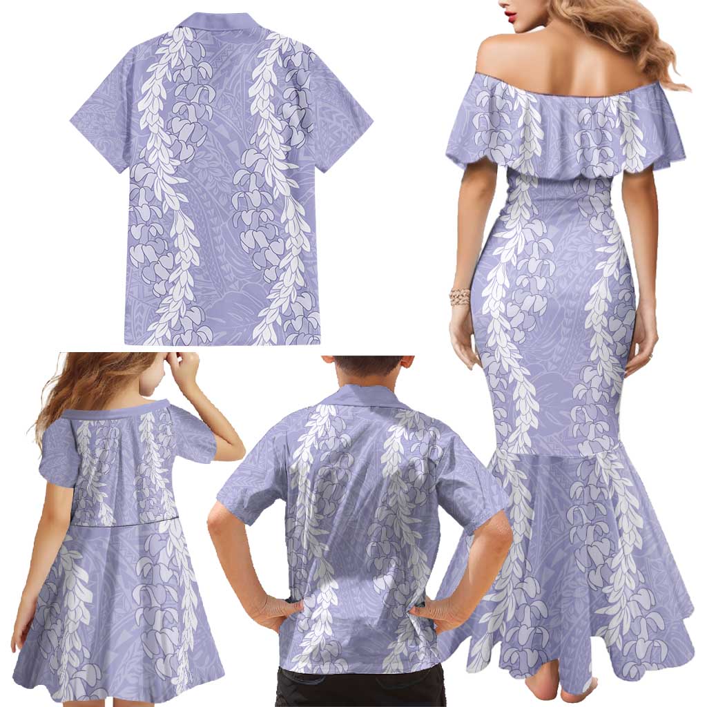 Puakenikeni and Maile Lei Family Matching Mermaid Dress and Hawaiian Shirt Purple Double Strand Lei LT9 - Polynesian Pride