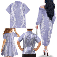 Puakenikeni and Maile Lei Family Matching Off The Shoulder Long Sleeve Dress and Hawaiian Shirt Purple Double Strand Lei LT9 - Polynesian Pride