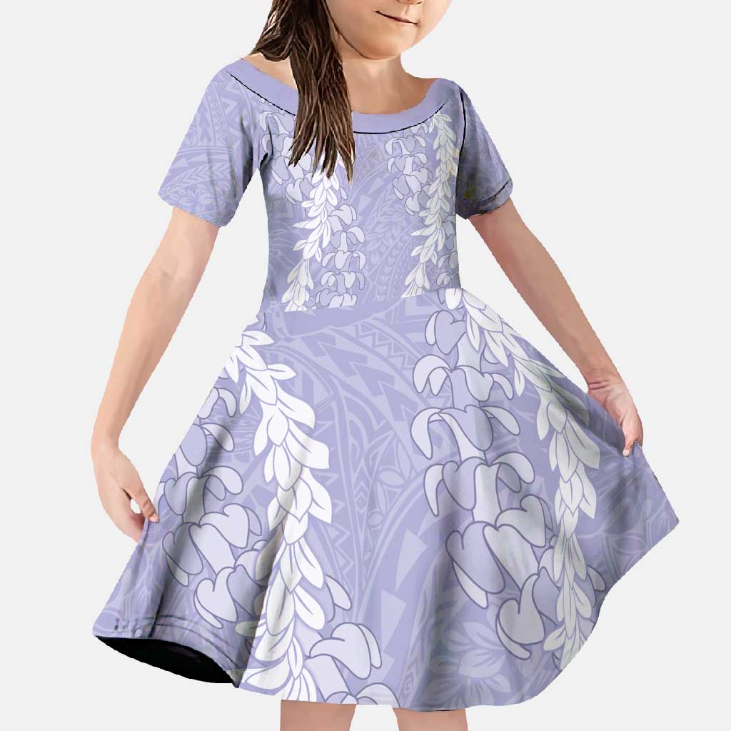 Puakenikeni and Maile Lei Family Matching Off Shoulder Maxi Dress and Hawaiian Shirt Purple Double Strand Lei LT9 Daughter's Dress Purple - Polynesian Pride