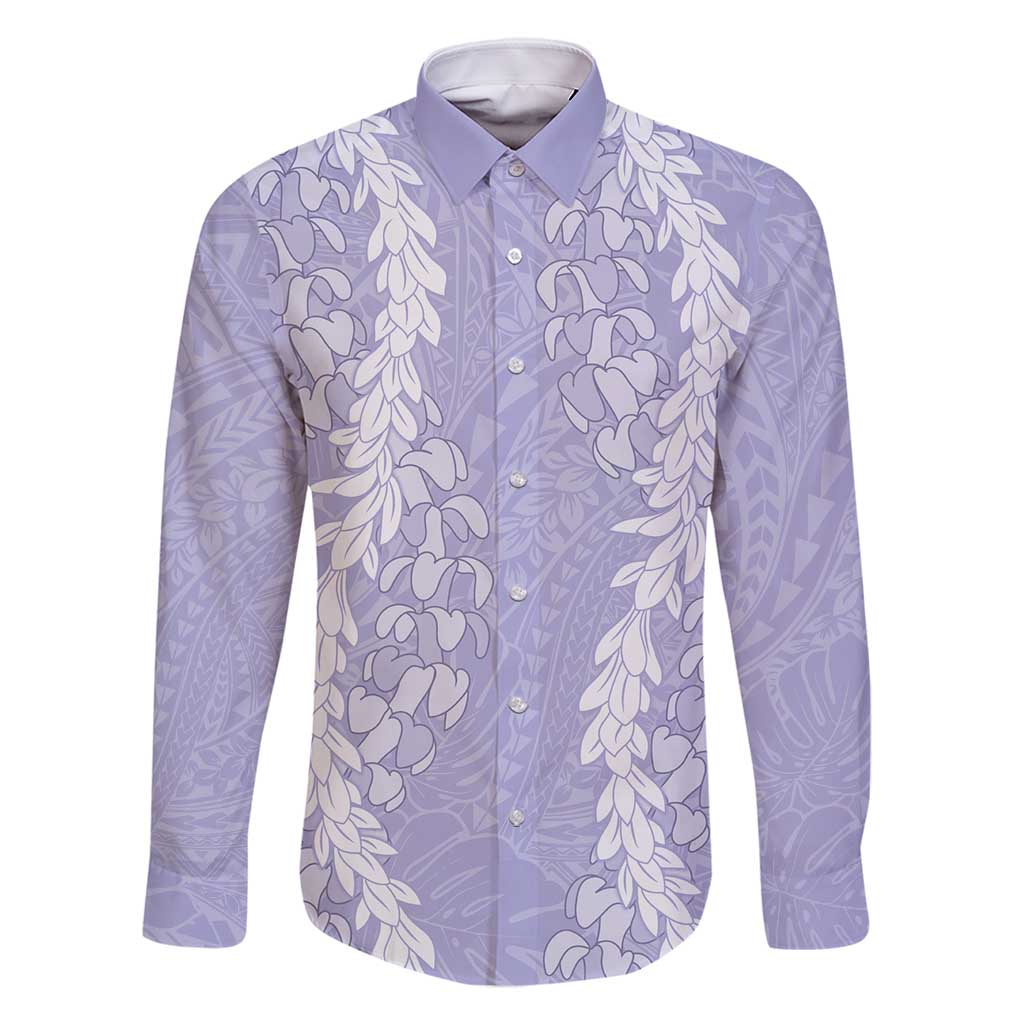 Puakenikeni and Maile Lei Family Matching Off Shoulder Maxi Dress and Hawaiian Shirt Purple Double Strand Lei LT9 Dad's Shirt - Long Sleeve Purple - Polynesian Pride