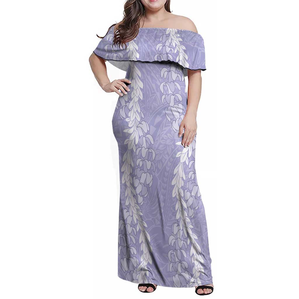 Puakenikeni and Maile Lei Family Matching Off Shoulder Maxi Dress and Hawaiian Shirt Purple Double Strand Lei LT9 Mom's Dress Purple - Polynesian Pride