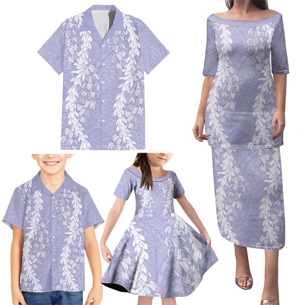 Puakenikeni and Maile Lei Family Matching Puletasi and Hawaiian Shirt Purple Double Strand Lei