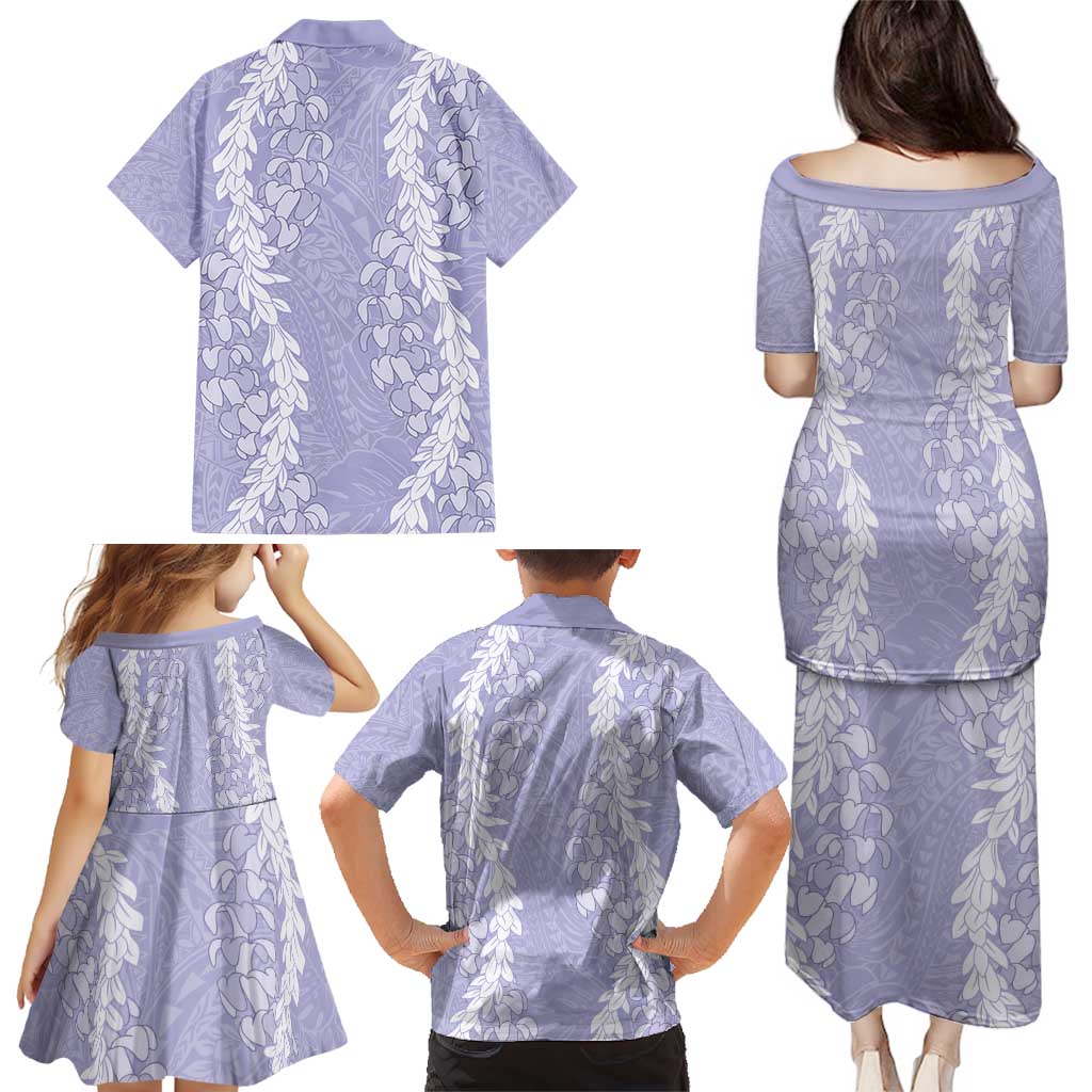 Puakenikeni and Maile Lei Family Matching Puletasi and Hawaiian Shirt Purple Double Strand Lei LT9 - Polynesian Pride