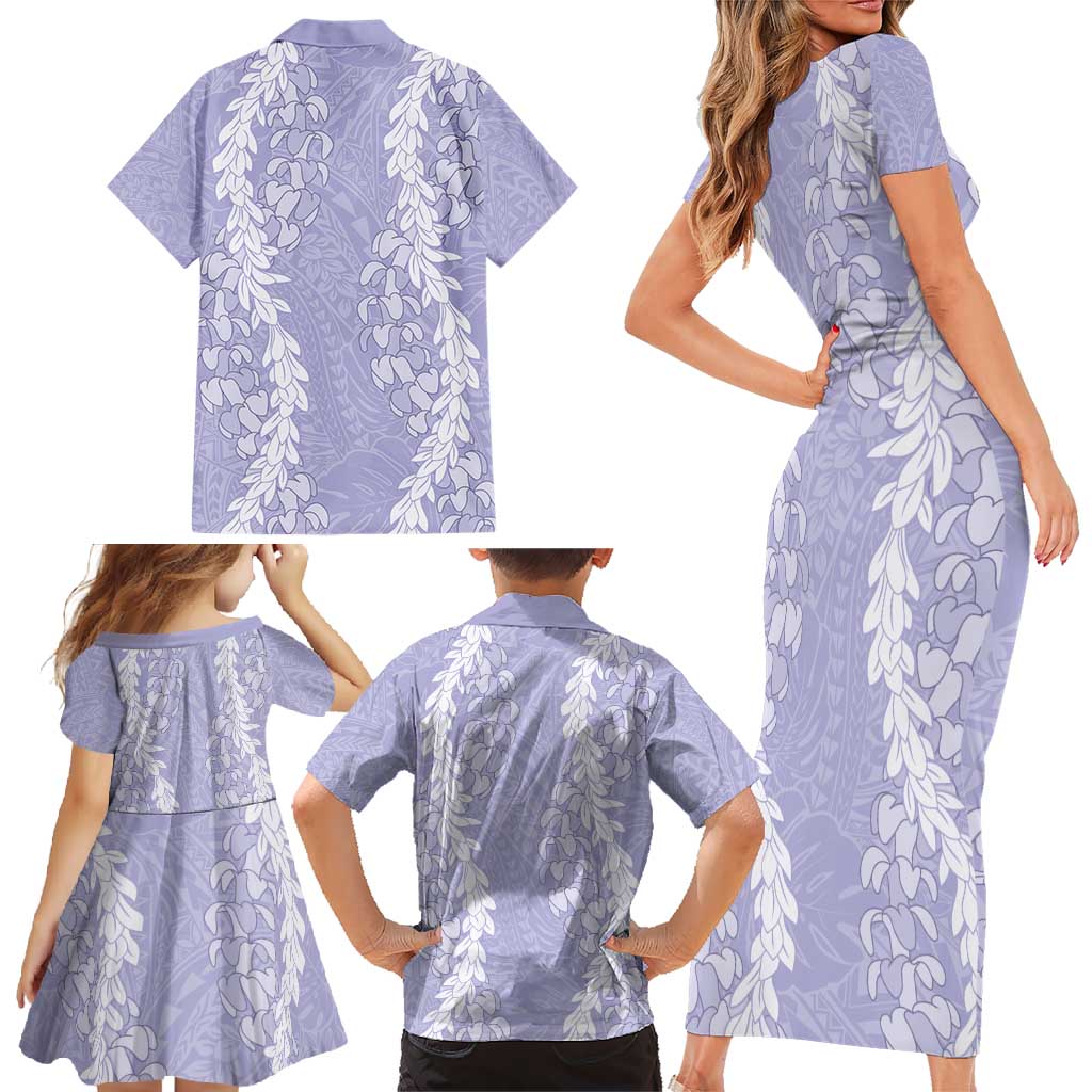 Puakenikeni and Maile Lei Family Matching Short Sleeve Bodycon Dress and Hawaiian Shirt Purple Double Strand Lei LT9 - Polynesian Pride