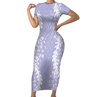 Puakenikeni and Maile Lei Family Matching Short Sleeve Bodycon Dress and Hawaiian Shirt Purple Double Strand Lei LT9 Mom's Dress Purple - Polynesian Pride