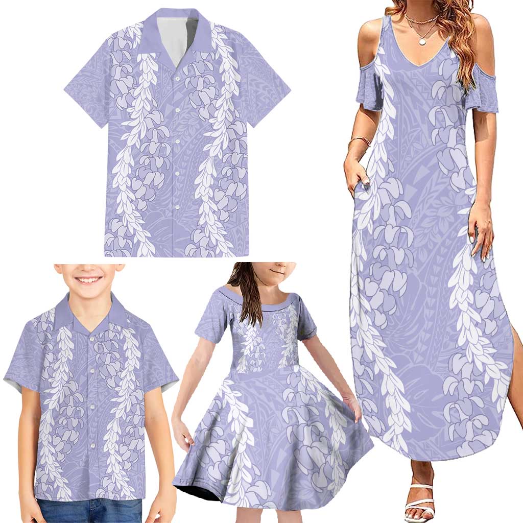 Puakenikeni and Maile Lei Family Matching Summer Maxi Dress and Hawaiian Shirt Purple Double Strand Lei LT9 - Polynesian Pride