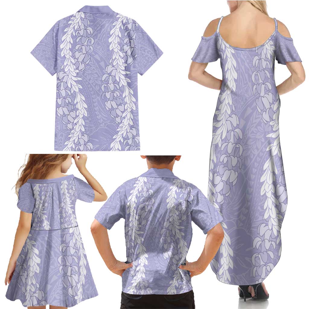 Puakenikeni and Maile Lei Family Matching Summer Maxi Dress and Hawaiian Shirt Purple Double Strand Lei LT9 - Polynesian Pride