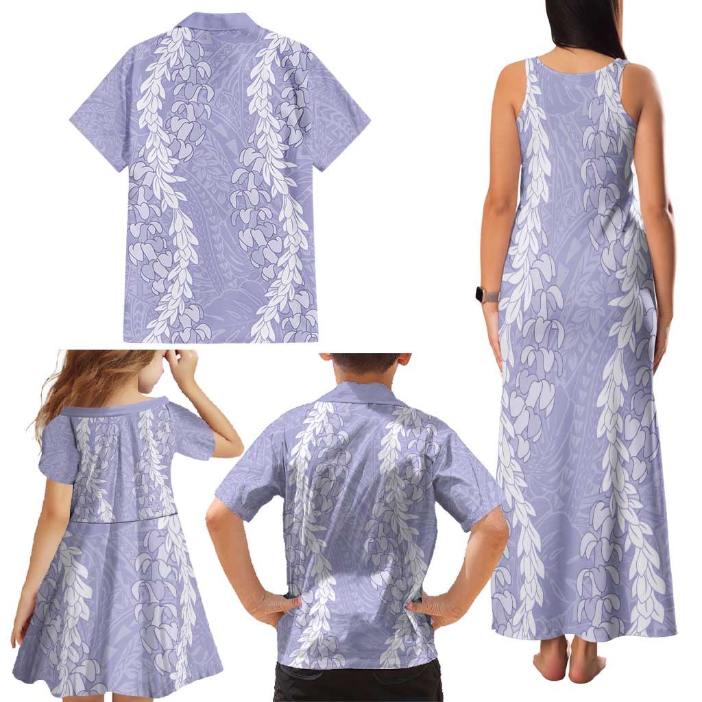 Puakenikeni and Maile Lei Family Matching Tank Maxi Dress and Hawaiian Shirt Purple Double Strand Lei LT9 - Polynesian Pride