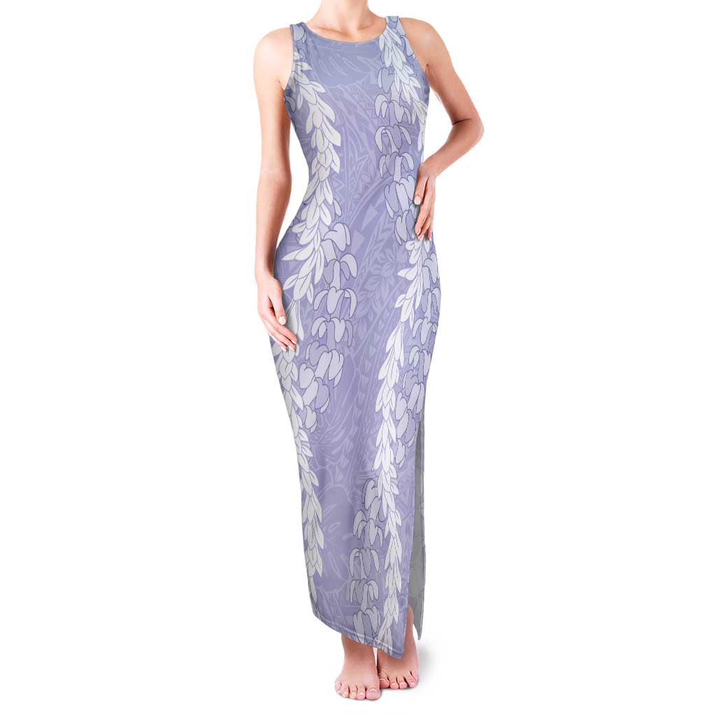 Puakenikeni and Maile Lei Family Matching Tank Maxi Dress and Hawaiian Shirt Purple Double Strand Lei LT9 Mom's Dress Purple - Polynesian Pride