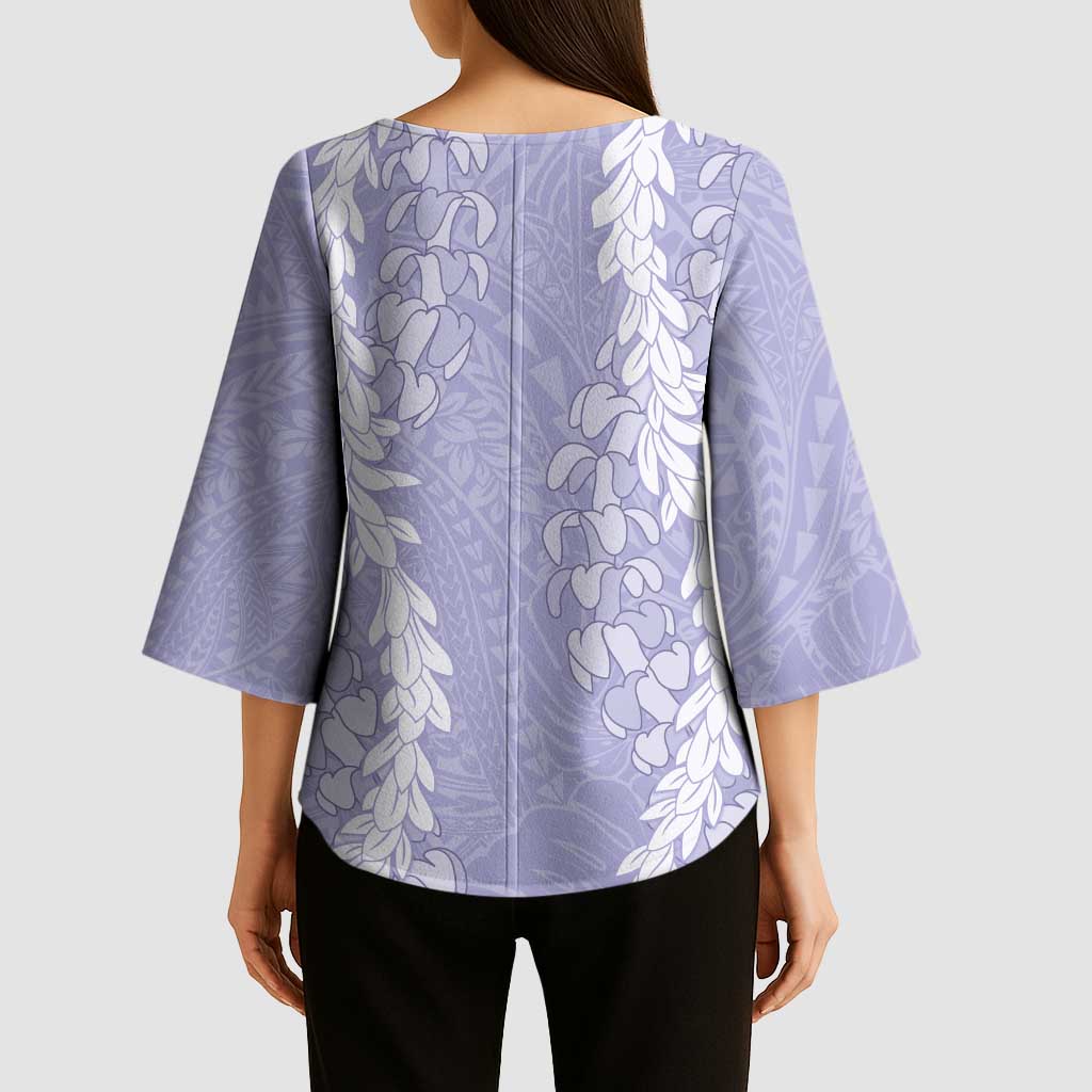 Puakenikeni and Maile Lei Kimono Sleeve Blouse Purple Double Strand Lei - Polynesian Pride