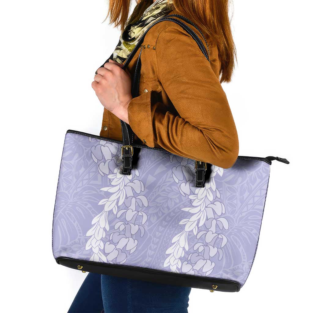 Puakenikeni and Maile Lei Leather Tote Bag Purple Double Strand Lei