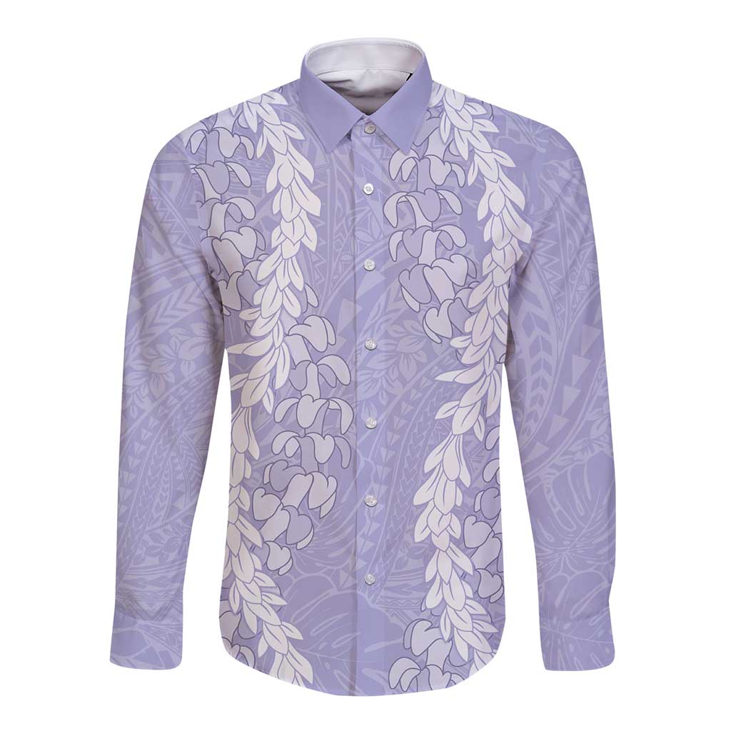 Puakenikeni and Maile Lei Long Sleeve Button Shirt Purple Double Strand Lei