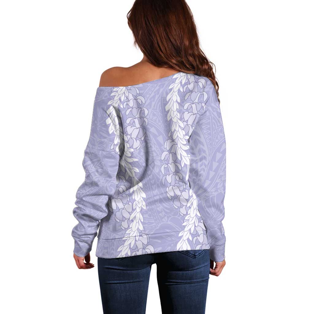 Puakenikeni and Maile Lei Off Shoulder Sweater Purple Double Strand Lei