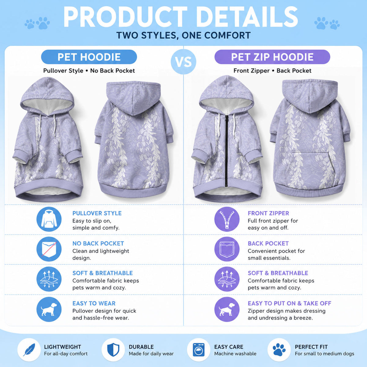 Puakenikeni and Maile Lei Pet Hoodie Purple Double Strand Lei
