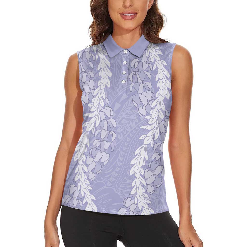 Puakenikeni and Maile Lei Women Sleeveless Polo Shirt Purple Double Strand Lei LT9 - Polynesian Pride