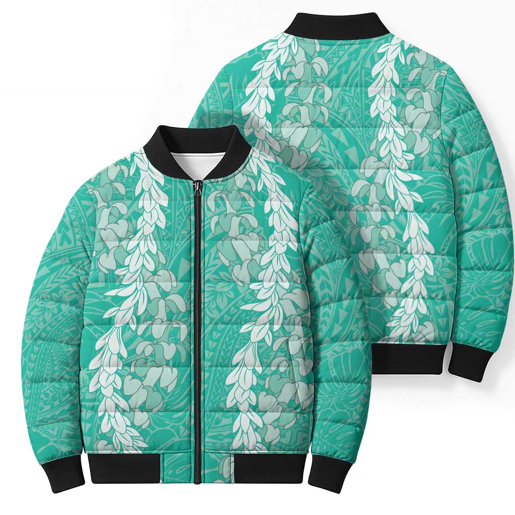 Puakenikeni and Maile Lei Bomber Puffer Jacket Sage Green Double Strand Lei - Polynesian Pride