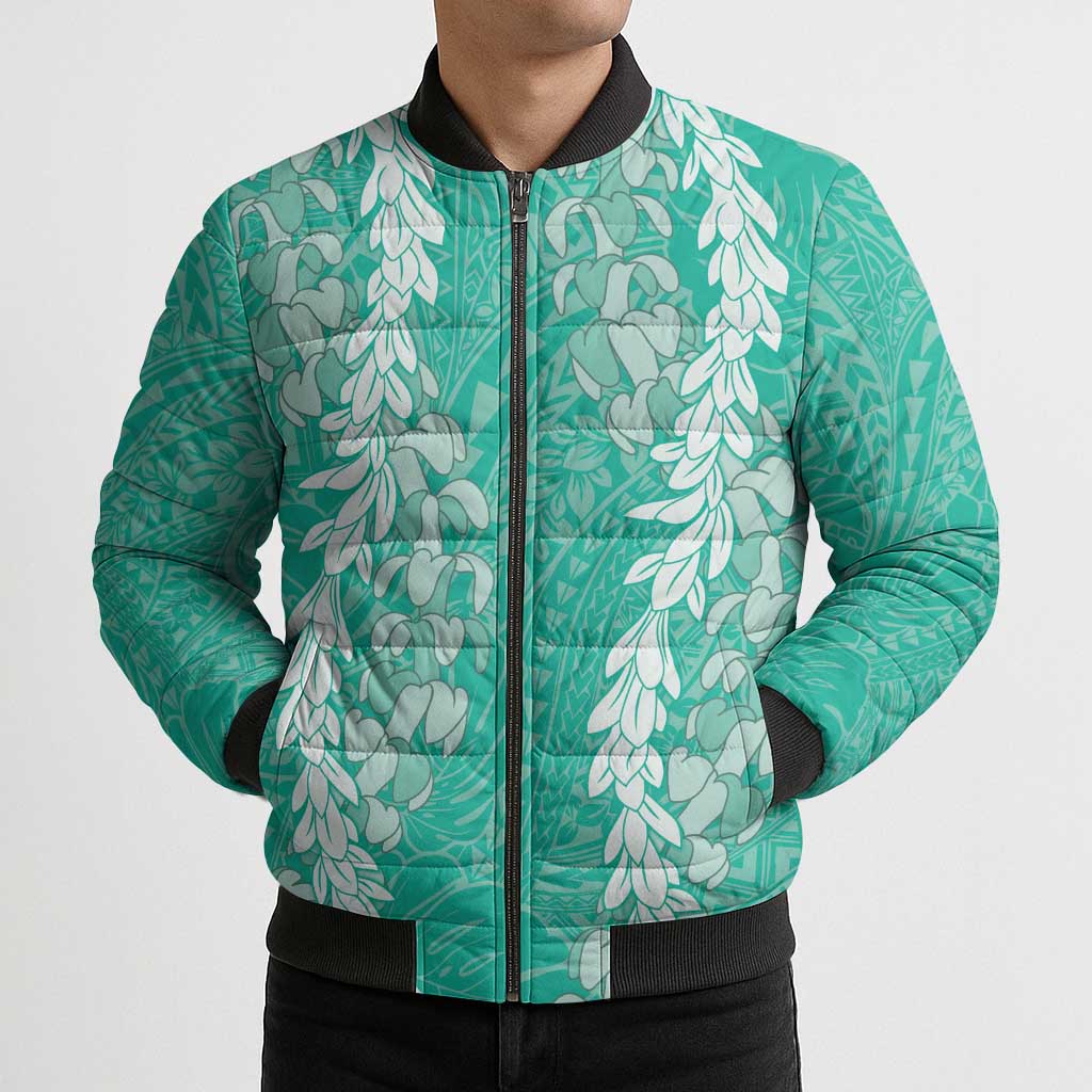 Puakenikeni and Maile Lei Bomber Puffer Jacket Sage Green Double Strand Lei - Polynesian Pride
